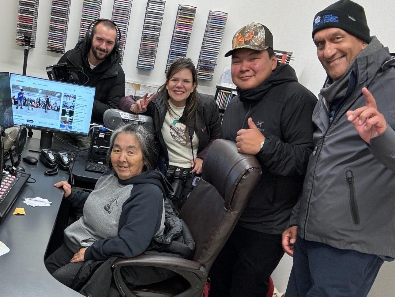 From left, Luca Caruso-Moro, Akinisie Nayoumealuk, Lina Forero, Joshua Nathan Kettler and Chris Henderson at Tuulliup Nipingat FM in Inukjuak.