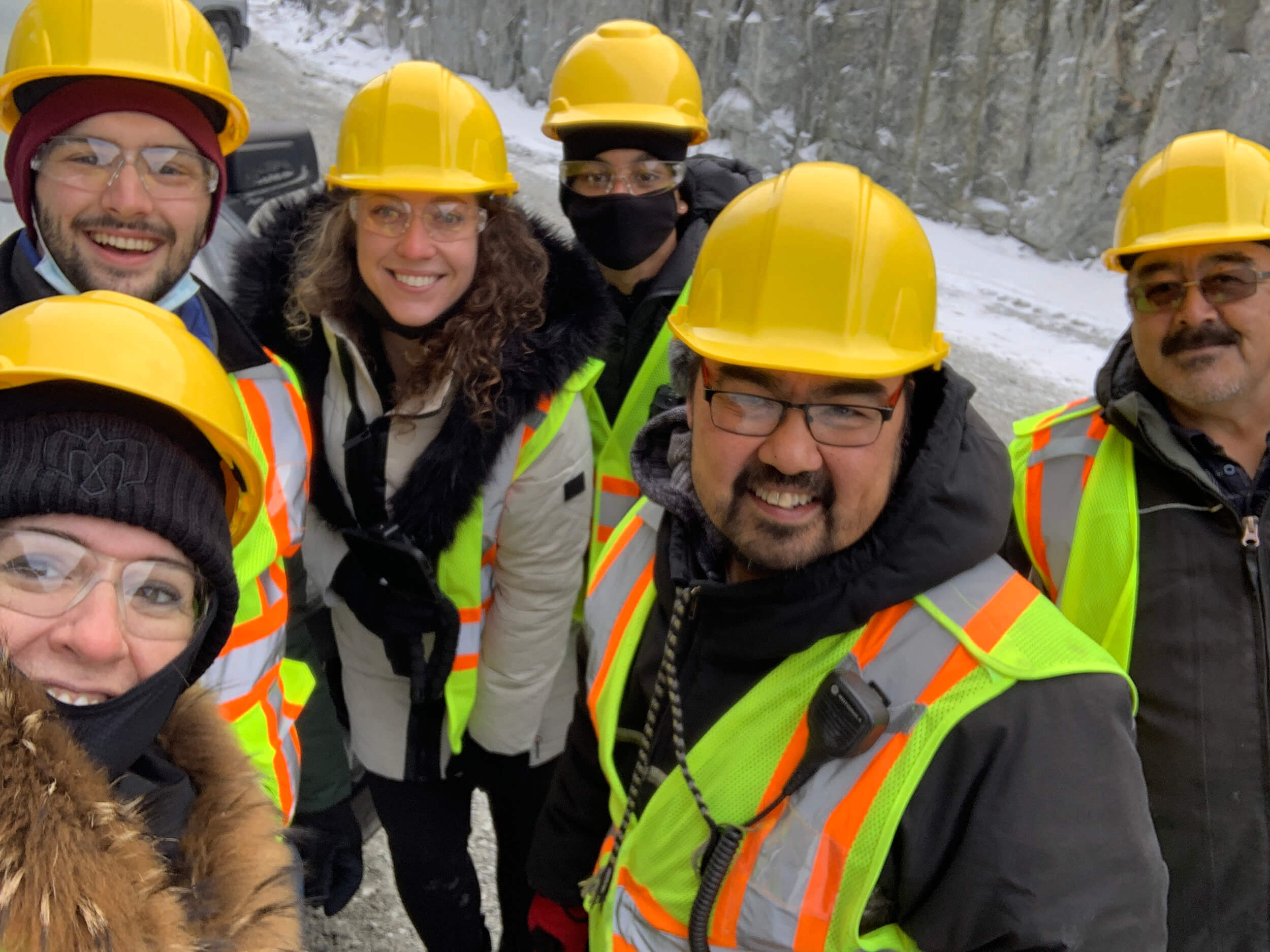 From left, Aphrodite Salas, Luca Caruso-Moro, Virginie Ann, Kaaria Quash, Eric Atagotaaluk and Johnny Mina at the construction site of the Innavik project in 2021. (Photo by Aphrodite Salas)